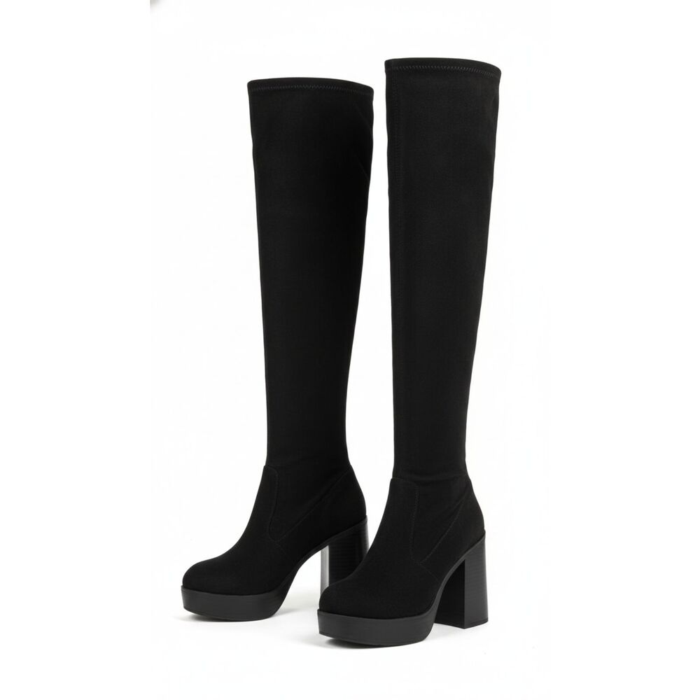 Black Faux Suede Over The Knee Boots Platform Chunky Block Heel Women's 8.5